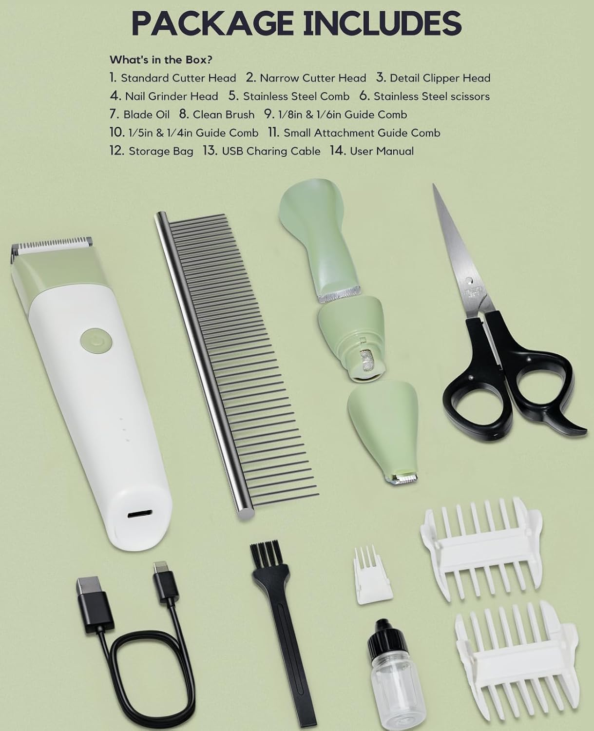 4 in 1 Rechargeable Dog Clippers Grooming Kit with 2 Speeds and Low Noise | Quiet Cordless Dog Hair Trimmer for Paw Nail Grinder, Cat Grooming Clippers for Trimming Hair on Paw Eye Ear Face (Green)