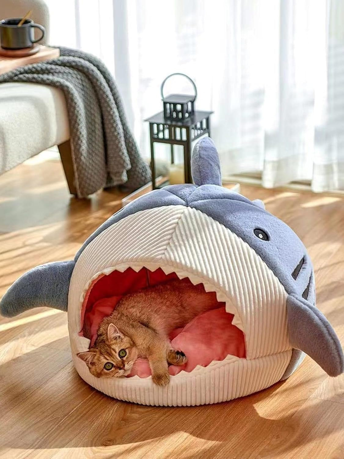 Cat Mat Shark-Shaped Kennel Kitten Bed Hideout House Warm Soft Comfortable Semi-Closed Cat Dog Nest Blue M