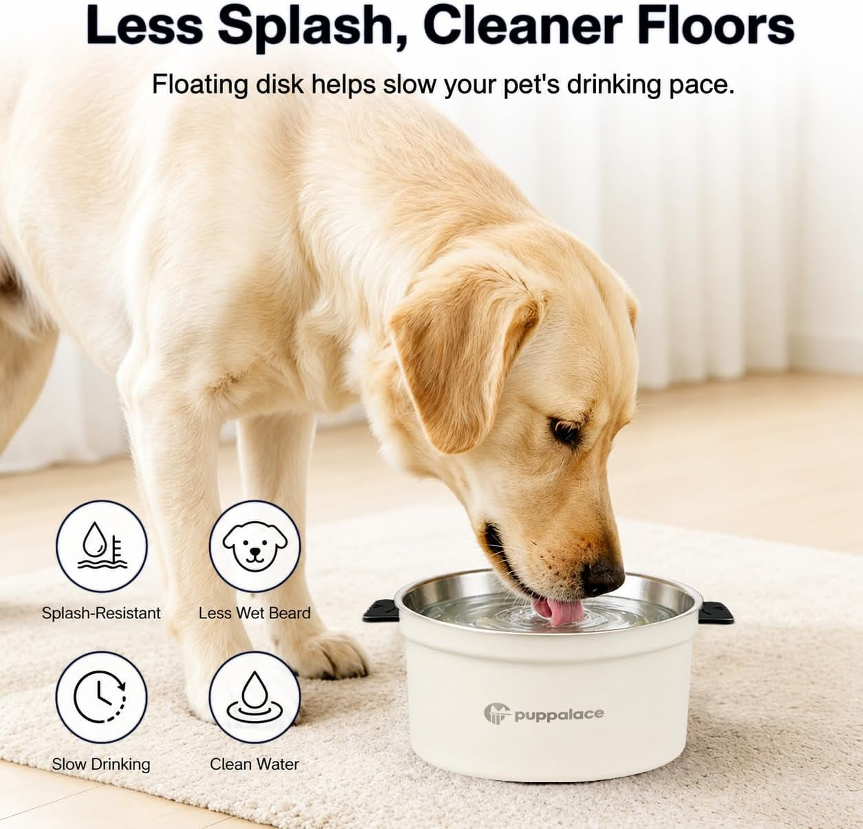 No Spill Dog Water Bowl with Floating Disk Stainless Steel White | 108 Ounce Capacity, Non Slip Base, Removable Disk, Controlled Flow, Messy Drinker Support, Medium Large Pets, Indoor Outdoor