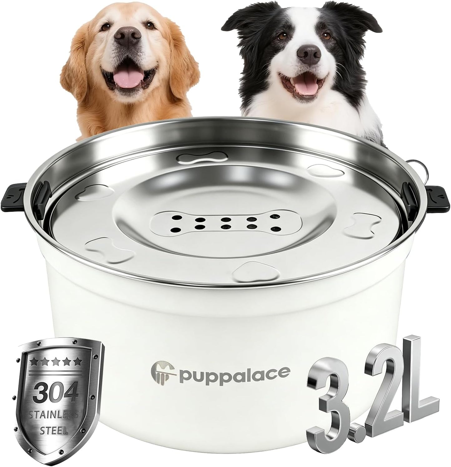 No Spill Dog Water Bowl with Floating Disk Stainless Steel White | 108 Ounce Capacity, Non Slip Base, Removable Disk, Controlled Flow, Messy Drinker Support, Medium Large Pets, Indoor Outdoor