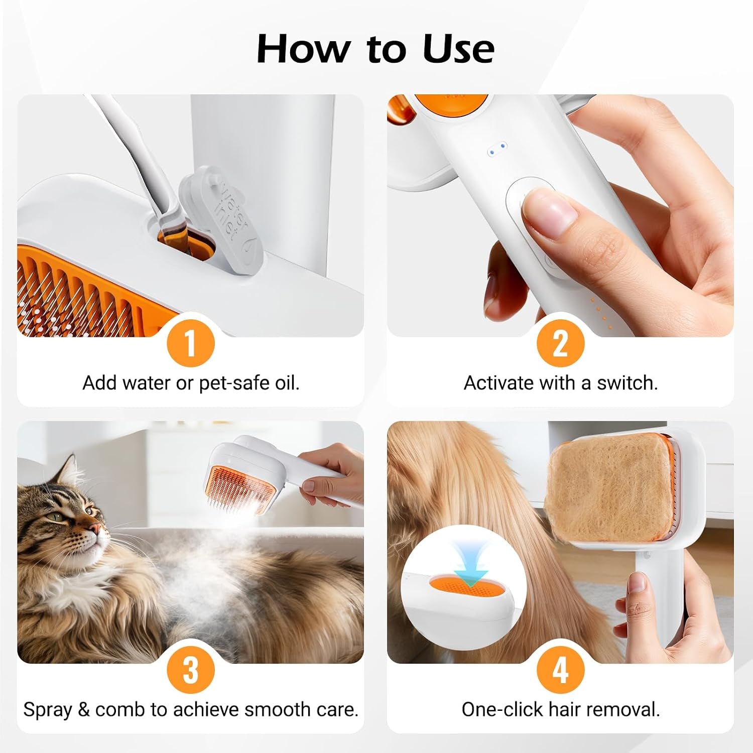3-In-1 Pet Mist Brush for Dogs & Cats, Self-Cleaning,Rechargeable | ABS Body，2 Spray Settings，Round-Tipped Comb Pins，Indoor Cat & Dog Grooming，Reduces Shedding，Controls Loose Flying Fur