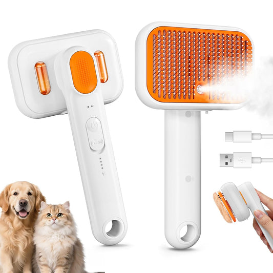 3-In-1 Pet Mist Brush for Dogs & Cats, Self-Cleaning,Rechargeable | ABS Body，2 Spray Settings，Round-Tipped Comb Pins，Indoor Cat & Dog Grooming，Reduces Shedding，Controls Loose Flying Fur