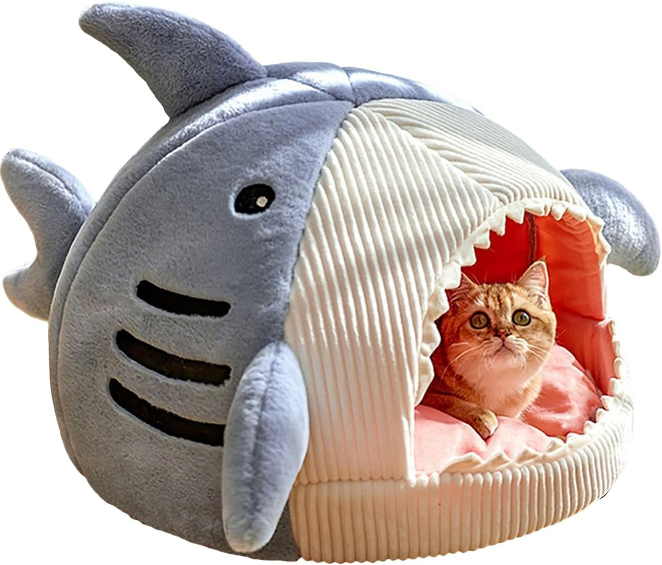 Cat Mat Shark-Shaped Kennel Kitten Bed Hideout House Warm Soft Comfortable Semi-Closed Cat Dog Nest Blue M
