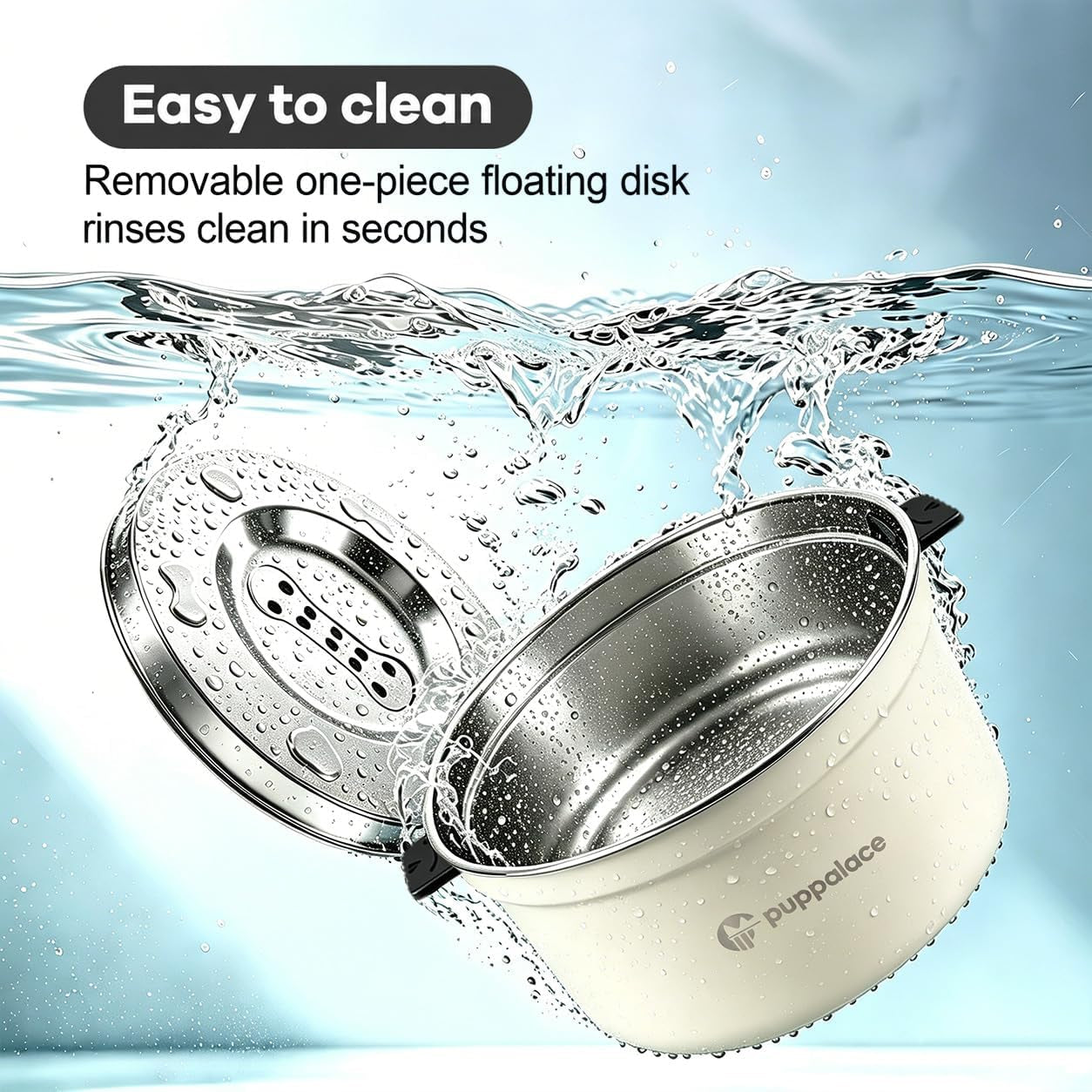 No Spill Dog Water Bowl with Floating Disk Stainless Steel White | 108 Ounce Capacity, Non Slip Base, Removable Disk, Controlled Flow, Messy Drinker Support, Medium Large Pets, Indoor Outdoor