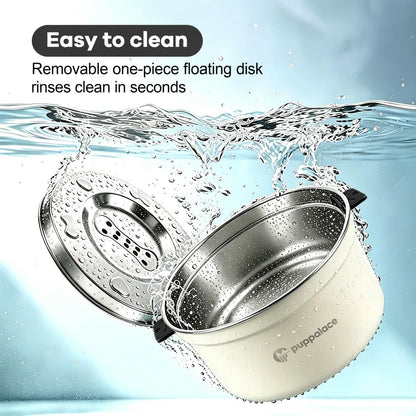 No Spill Dog Water Bowl with Floating Disk Stainless Steel White | 108 Ounce Capacity, Non Slip Base, Removable Disk, Controlled Flow, Messy Drinker Support, Medium Large Pets, Indoor Outdoor