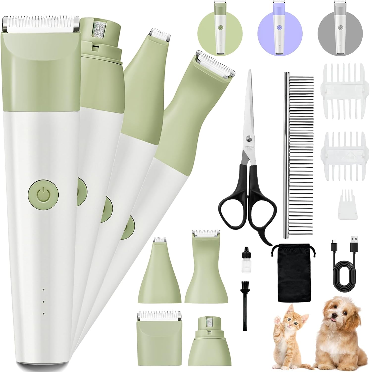 4 in 1 Rechargeable Dog Clippers Grooming Kit with 2 Speeds and Low Noise | Quiet Cordless Dog Hair Trimmer for Paw Nail Grinder, Cat Grooming Clippers for Trimming Hair on Paw Eye Ear Face (Green)