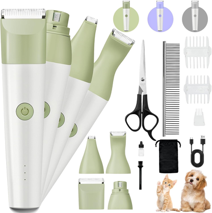 4 in 1 Rechargeable Dog Clippers Grooming Kit with 2 Speeds and Low Noise | Quiet Cordless Dog Hair Trimmer for Paw Nail Grinder, Cat Grooming Clippers for Trimming Hair on Paw Eye Ear Face (Green)