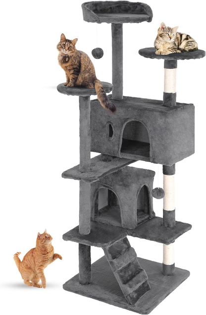 | 54" Cat Tree Tower | Light Gray | Multi-Level Indoor Activity Center | with Sisal Scratching Posts, Condos, Plush Perches, Hanging Cat Toys | Sturdy, Easy to Assemble | for Kittens & Adult Cats