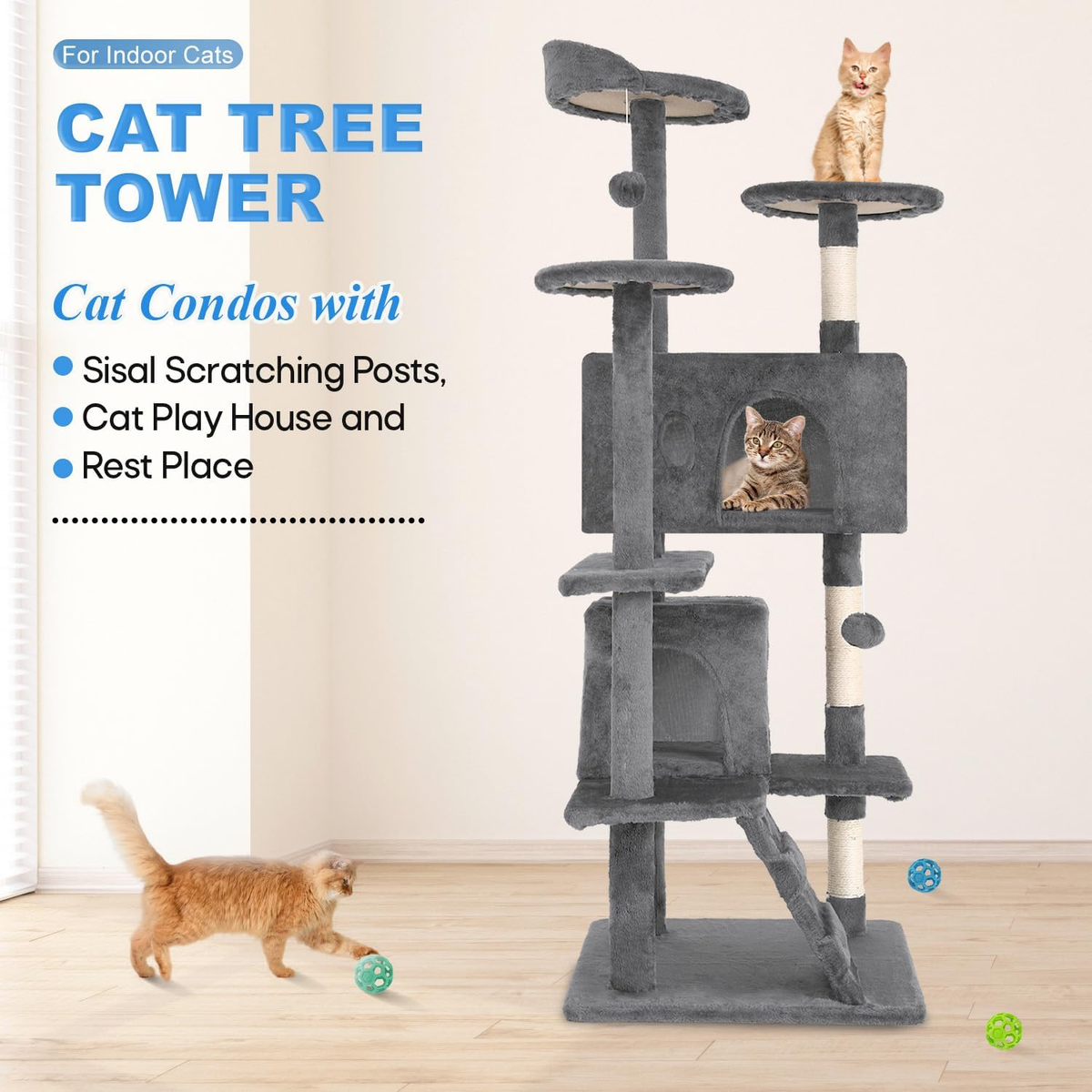 | 54" Cat Tree Tower | Light Gray | Multi-Level Indoor Activity Center | with Sisal Scratching Posts, Condos, Plush Perches, Hanging Cat Toys | Sturdy, Easy to Assemble | for Kittens & Adult Cats