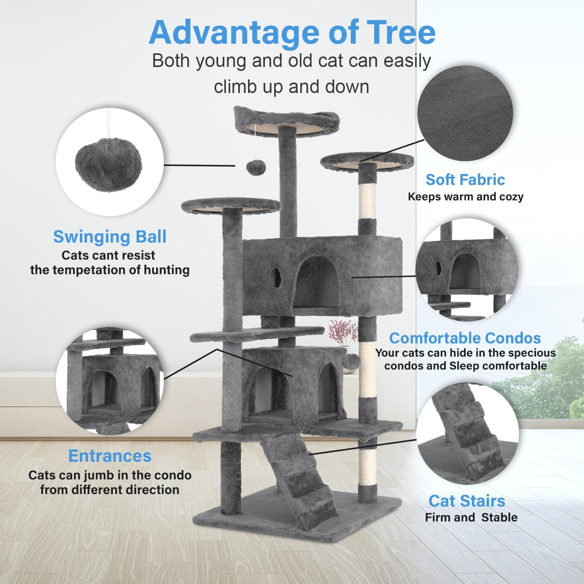 | 54" Cat Tree Tower | Light Gray | Multi-Level Indoor Activity Center | with Sisal Scratching Posts, Condos, Plush Perches, Hanging Cat Toys | Sturdy, Easy to Assemble | for Kittens & Adult Cats