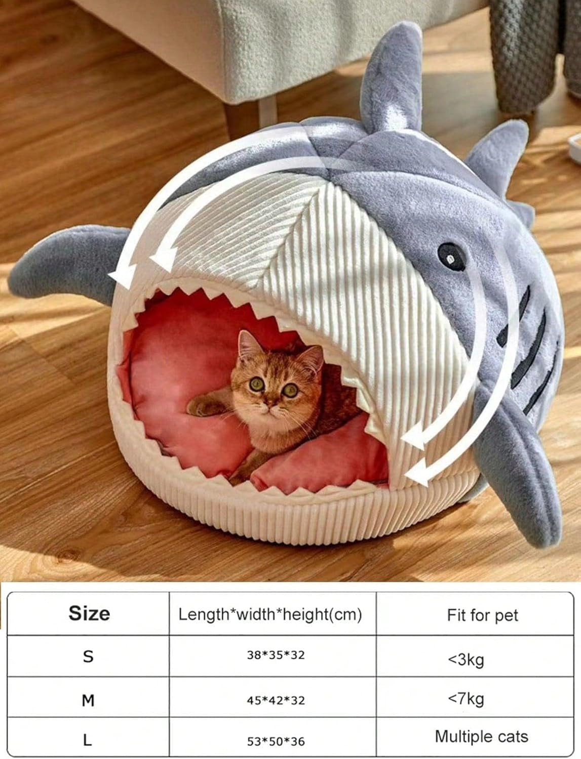 Cat Mat Shark-Shaped Kennel Kitten Bed Hideout House Warm Soft Comfortable Semi-Closed Cat Dog Nest Blue M