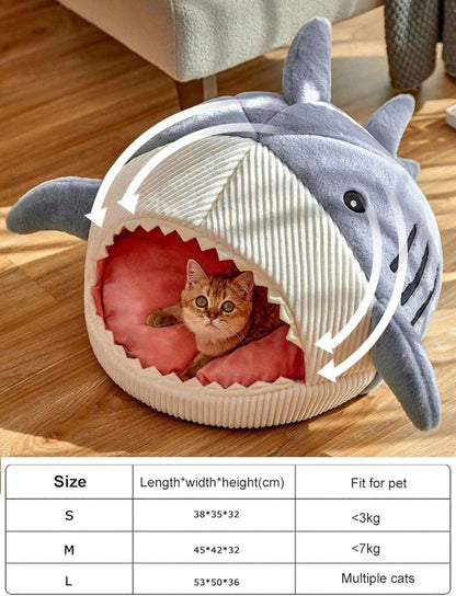 Cat Mat Shark-Shaped Kennel Kitten Bed Hideout House Warm Soft Comfortable Semi-Closed Cat Dog Nest Blue M