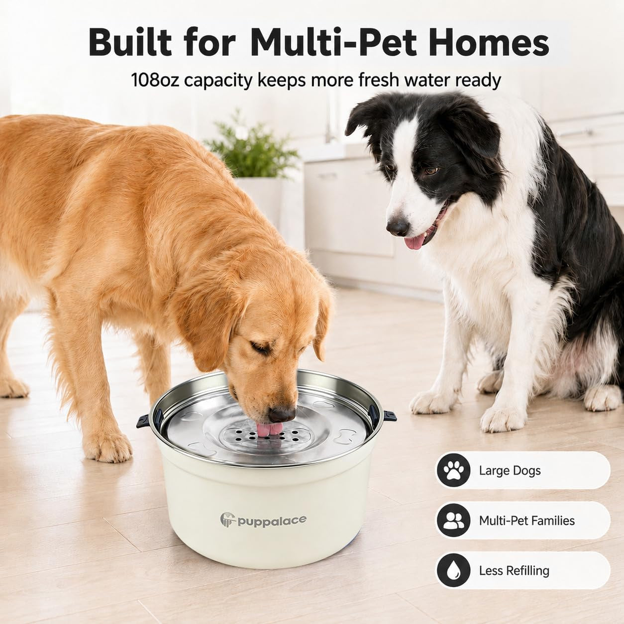 No Spill Dog Water Bowl with Floating Disk Stainless Steel White | 108 Ounce Capacity, Non Slip Base, Removable Disk, Controlled Flow, Messy Drinker Support, Medium Large Pets, Indoor Outdoor