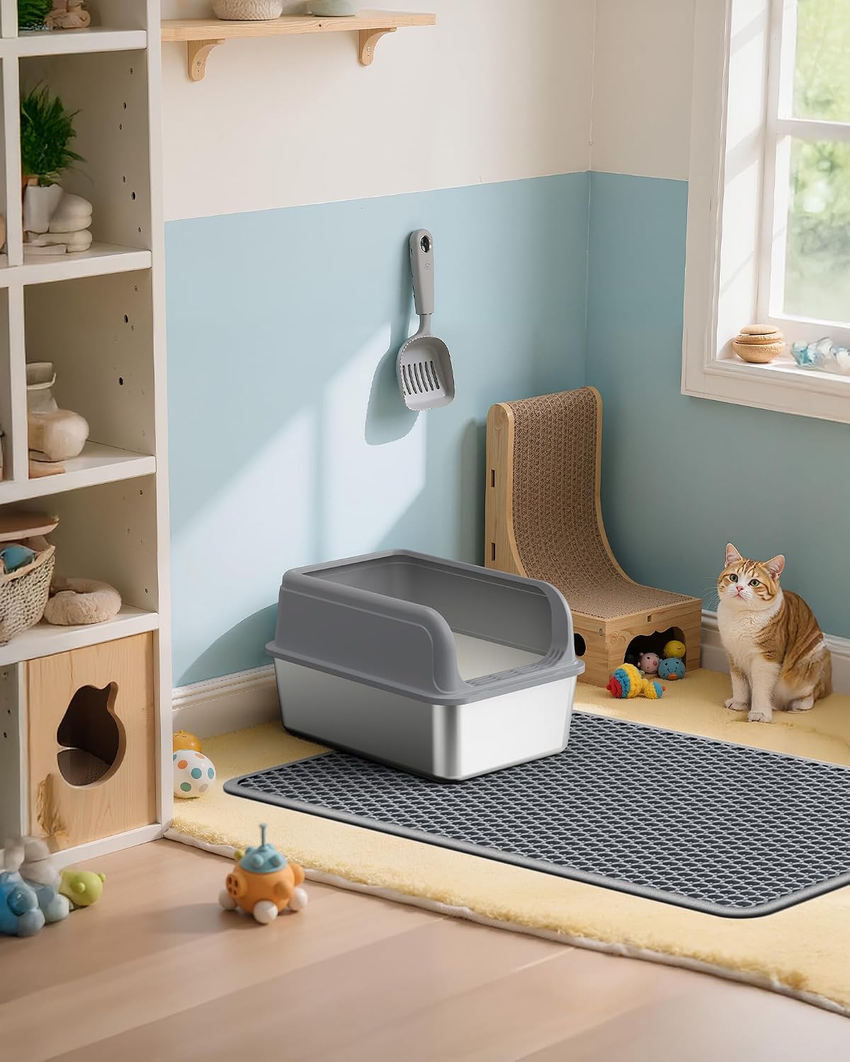 Ultra-Large Cat Litter Mat, 27'' X 19", Double-Layer, Grey | Urine-Proof, Non-Slip Litter Trapping Mat, Easy to Clean, Kitty Litter Mats for Floor, Scatter Control