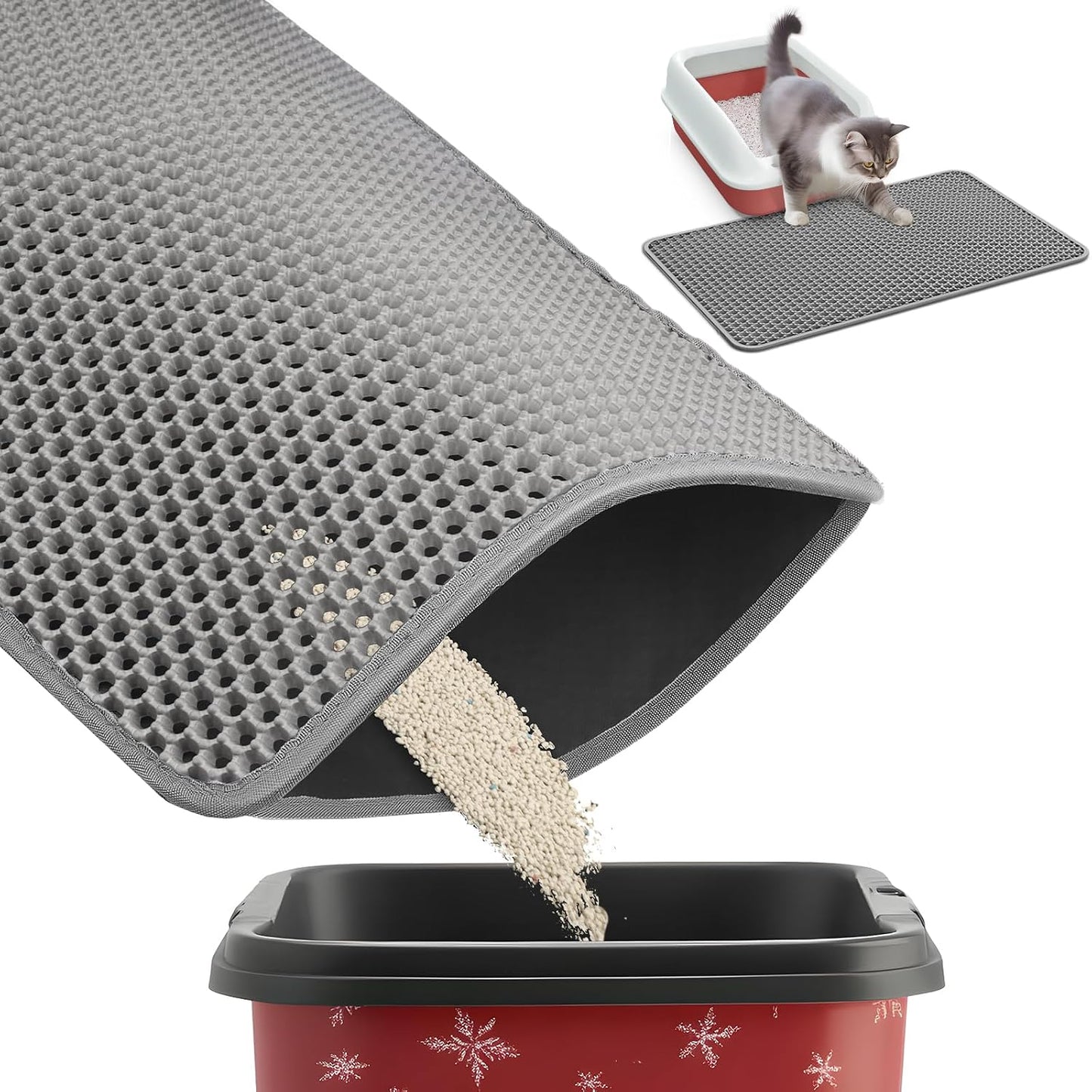 Ultra-Large Cat Litter Mat, 27'' X 19", Double-Layer, Grey | Urine-Proof, Non-Slip Litter Trapping Mat, Easy to Clean, Kitty Litter Mats for Floor, Scatter Control