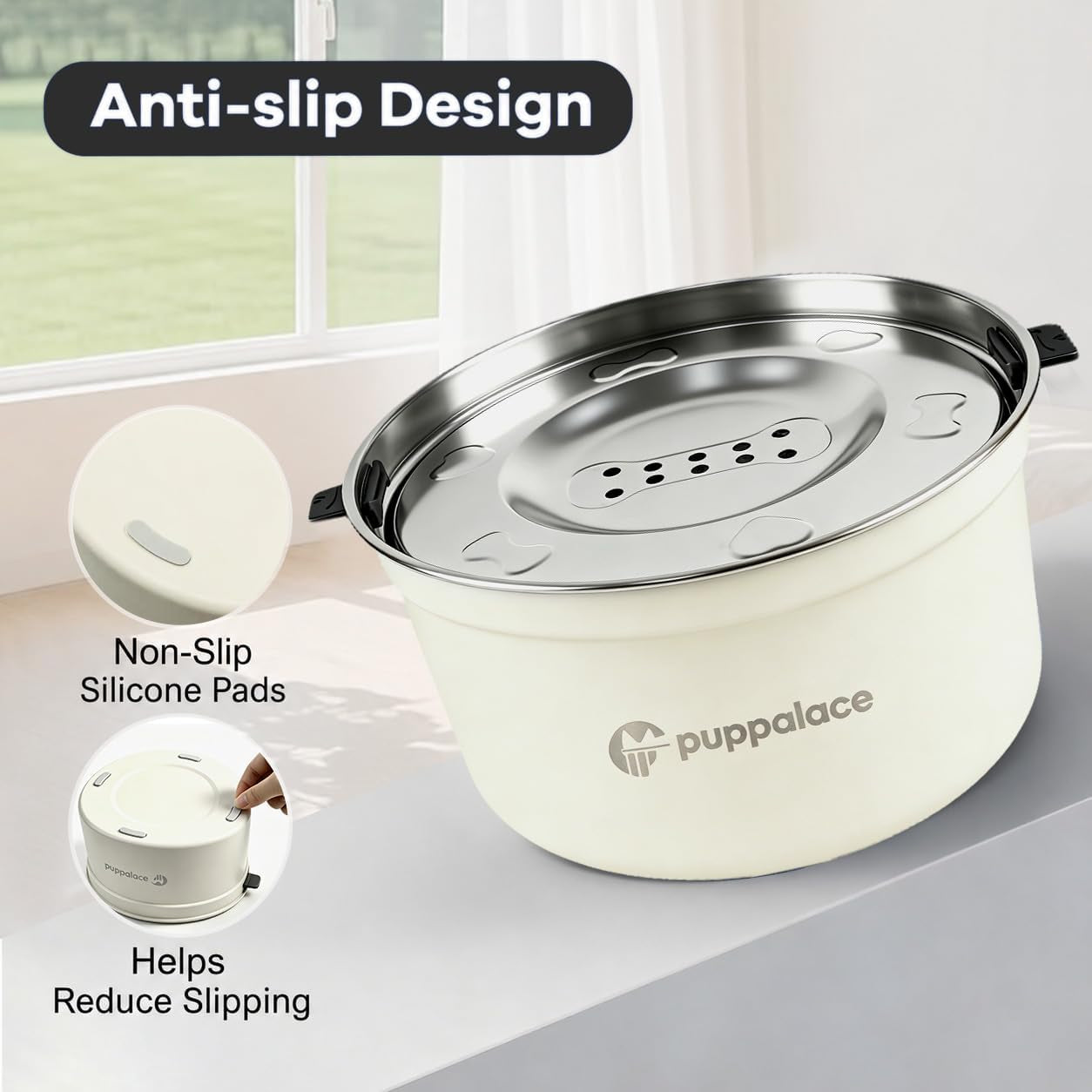 No Spill Dog Water Bowl with Floating Disk Stainless Steel White | 108 Ounce Capacity, Non Slip Base, Removable Disk, Controlled Flow, Messy Drinker Support, Medium Large Pets, Indoor Outdoor