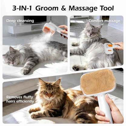 3-In-1 Pet Mist Brush for Dogs & Cats, Self-Cleaning,Rechargeable | ABS Body，2 Spray Settings，Round-Tipped Comb Pins，Indoor Cat & Dog Grooming，Reduces Shedding，Controls Loose Flying Fur