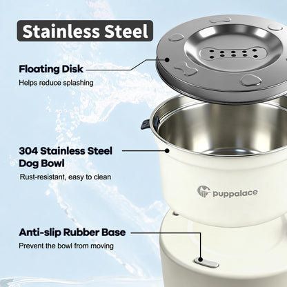 No Spill Dog Water Bowl with Floating Disk Stainless Steel White | 108 Ounce Capacity, Non Slip Base, Removable Disk, Controlled Flow, Messy Drinker Support, Medium Large Pets, Indoor Outdoor