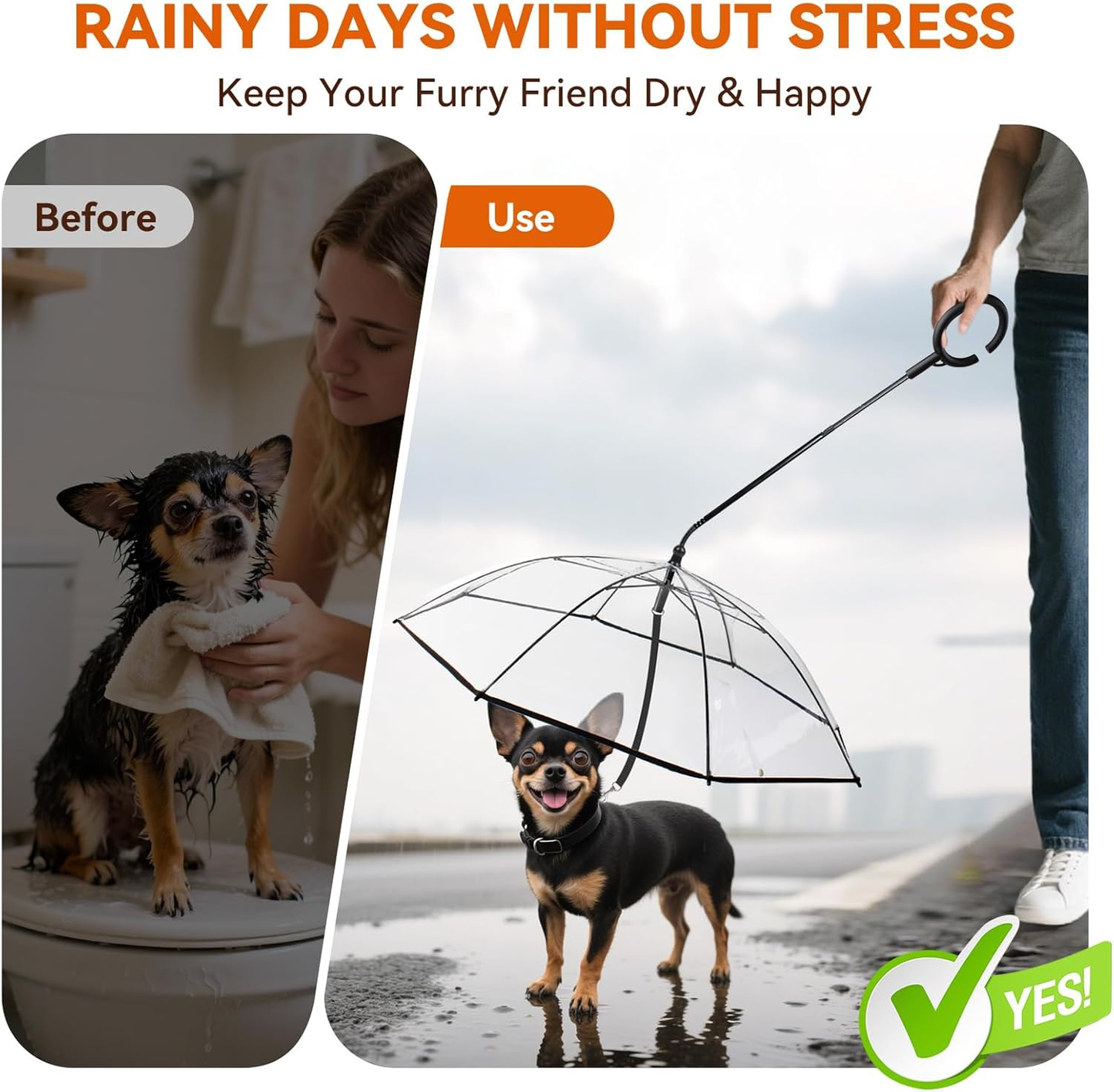 Clear Small Dog Umbrella, Adjustable Leash, Self-Assembly Pet Umbrella for Small Dogs, Keeps Pet Dry for Rainy Walks/Potty Trips