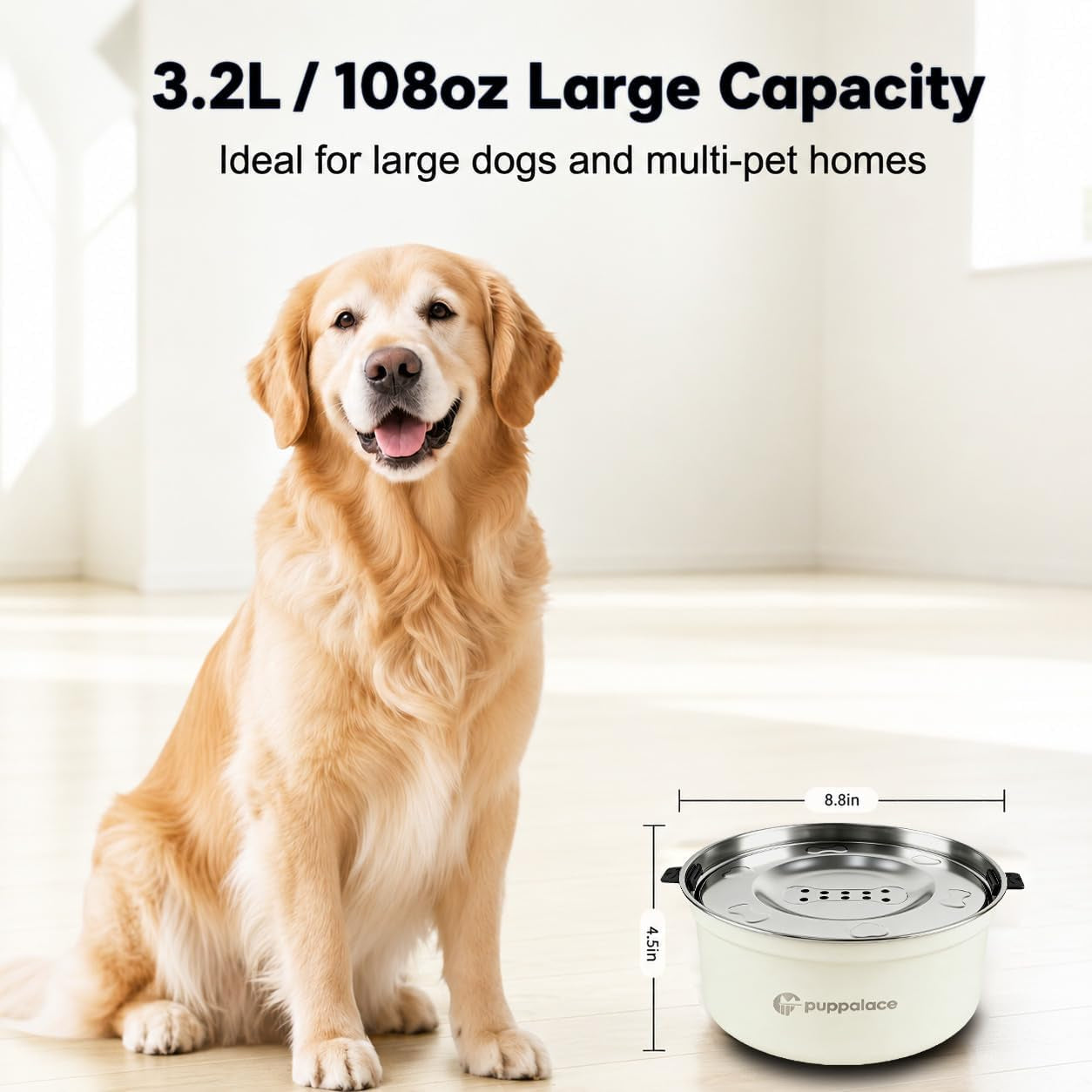 No Spill Dog Water Bowl with Floating Disk Stainless Steel White | 108 Ounce Capacity, Non Slip Base, Removable Disk, Controlled Flow, Messy Drinker Support, Medium Large Pets, Indoor Outdoor