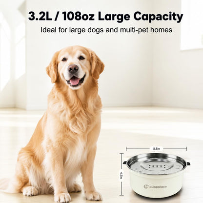No Spill Dog Water Bowl with Floating Disk Stainless Steel White | 108 Ounce Capacity, Non Slip Base, Removable Disk, Controlled Flow, Messy Drinker Support, Medium Large Pets, Indoor Outdoor